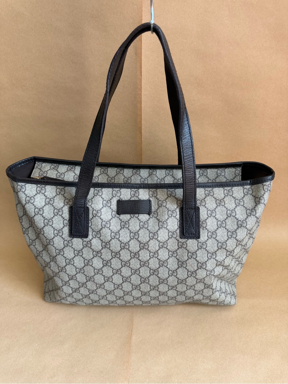 Gucci Brown GG Canvas Tote with Dark Brown Leather Trim
